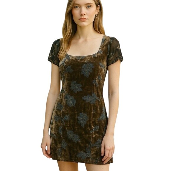 Vintage 90s Y2K Tessuto Burn Out Velvet Dress Sz.M Brown Silky Fairy Whimsigoth - Picture 1 of 12
